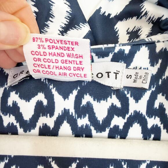 Gretchen Scott Jersey Ruffneck Dress Navy & White Arabesque Pattern Womens Small - Picture 10 of 12